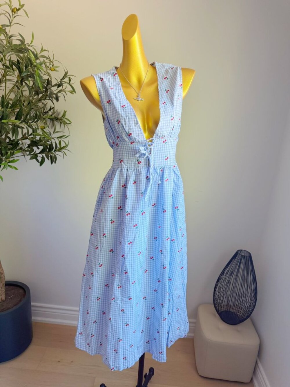 Drôle de Copine Blue Gingham Cherry Deep V Midi Dress S/M NWT